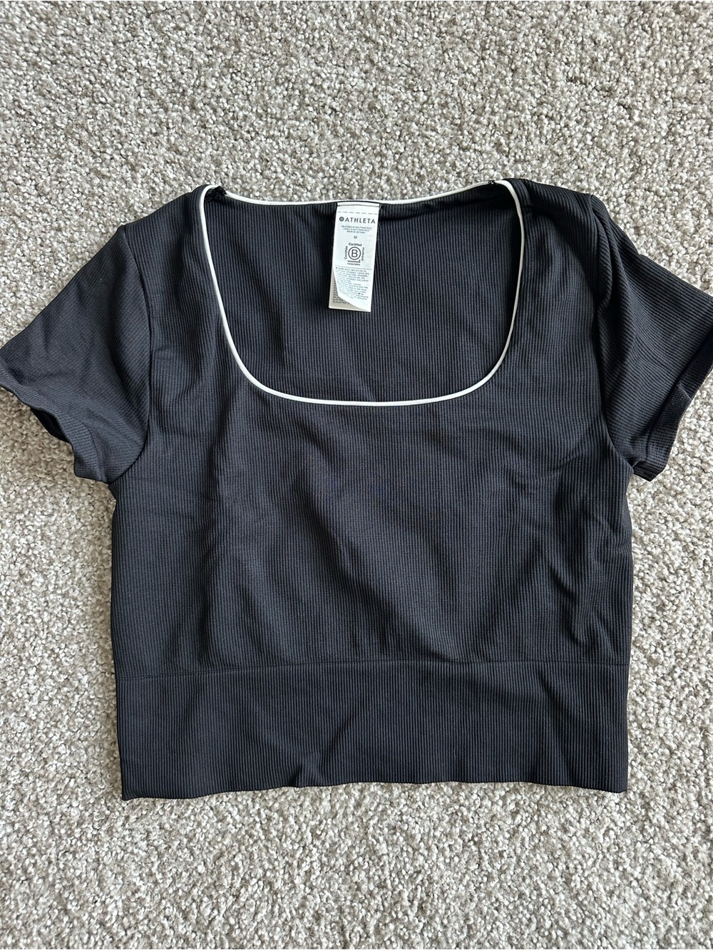 Athleta Black Ribbed Square Neck Crop Top with White Piping